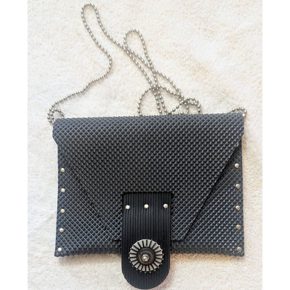 Black Rubber Pyramid Studded Industrial Punk Crossbody Envelope Clutch Bag